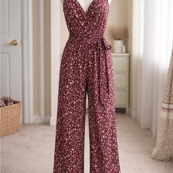 Kaileigh Pants - Kaileigh Burgundy Floral Jumpsuit Sz SM